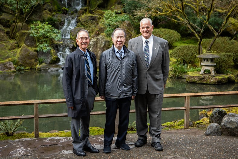 L-R: Portland Japanese Garden Board of Trustees Vice President Cal Tanabe, Ambassador Tomita, and Board of Trustees President-Elect Drake Snodgrass. Photo by Jonathan Ley.
