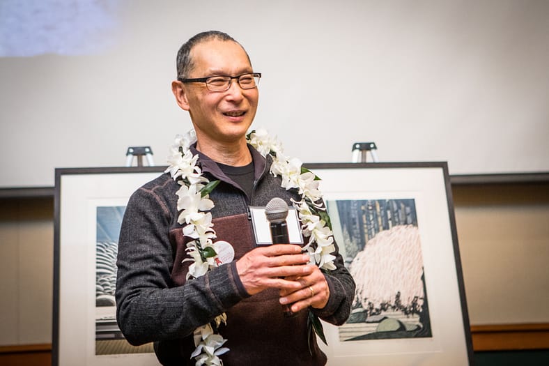 Michael Kondo, who worked for Portland Japanese Garden from 1977-2017, at his retirement party smiling in 2018.