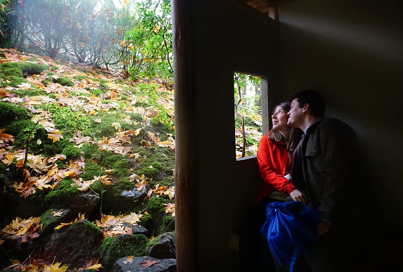 A couple embraces in a shelter while looking out at fog in Portland Japanese Garden.