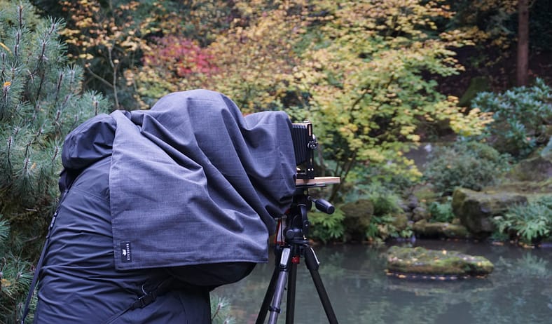 A photographer taking photos in Portland Japanese Garden.