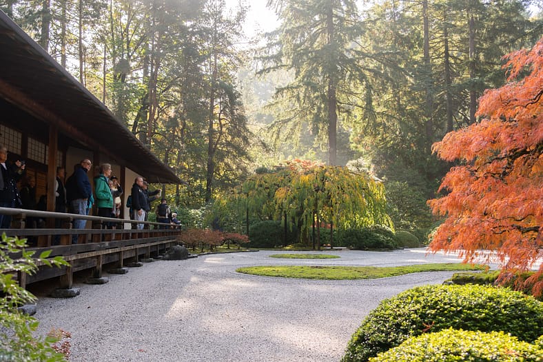 people on a wooden deck look at a raked gravel garden