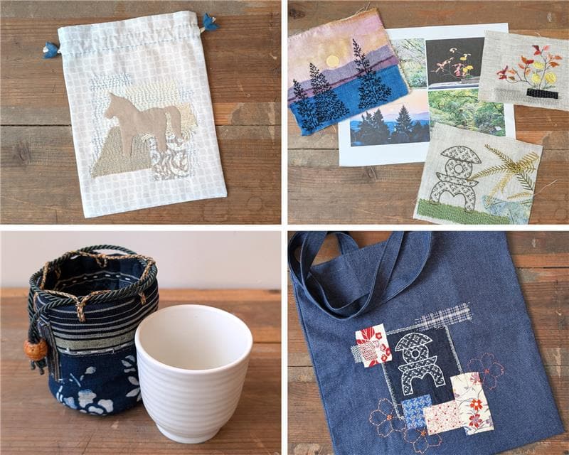 A gird of images of different custom textile examples from the workshop.