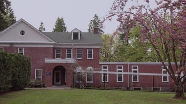 Brick building with green grass and cherry blossom tree in bloom