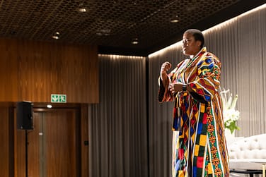 Siphokazi Jonas reciting a commissioned poem.