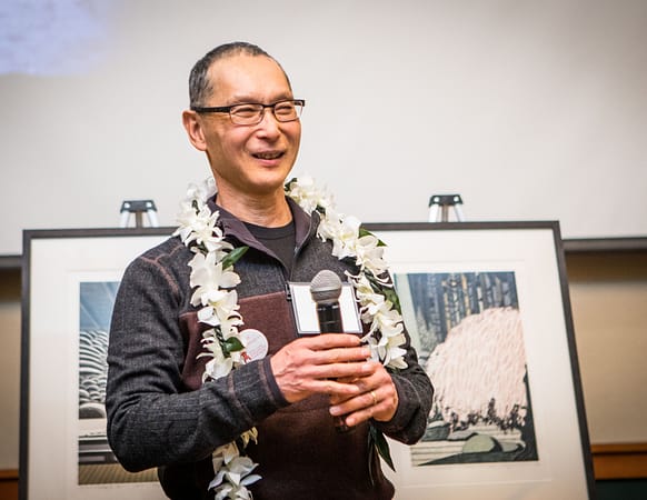 Michael Kondo, who worked for Portland Japanese Garden from 1977-2017, at his retirement party smiling in 2018.