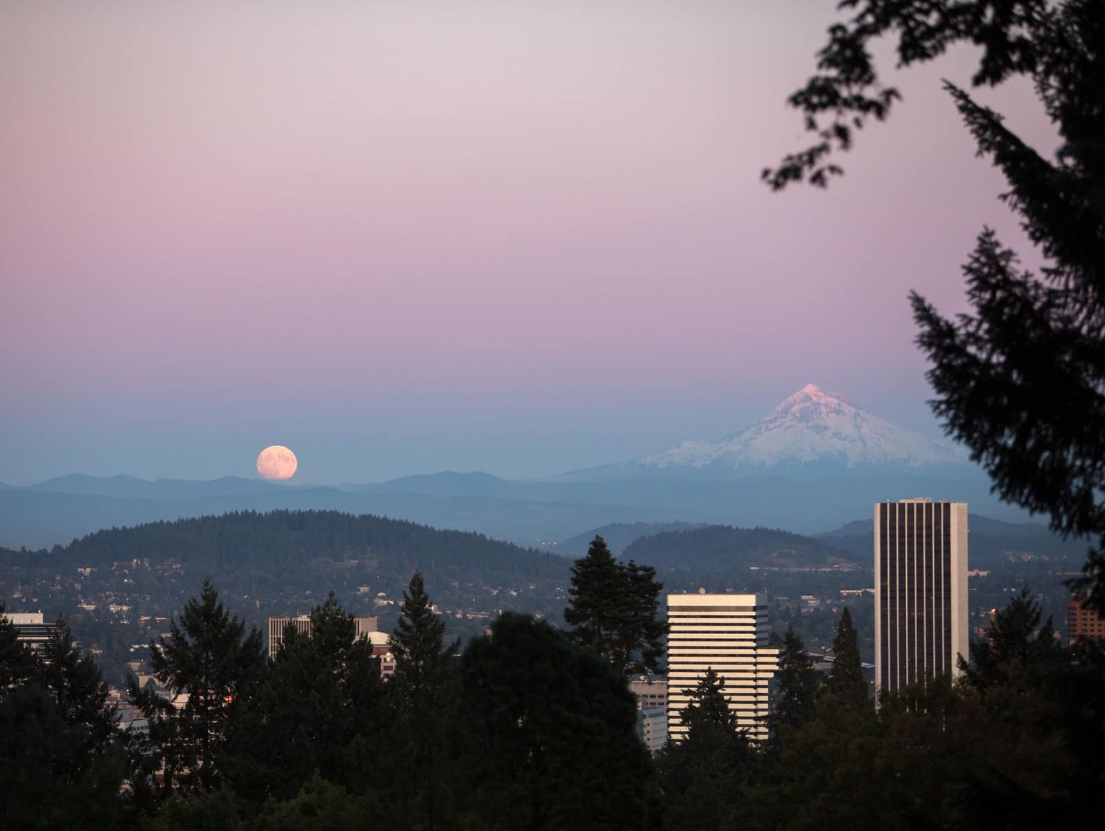 a moon rises in a pink and blue sky over mountains