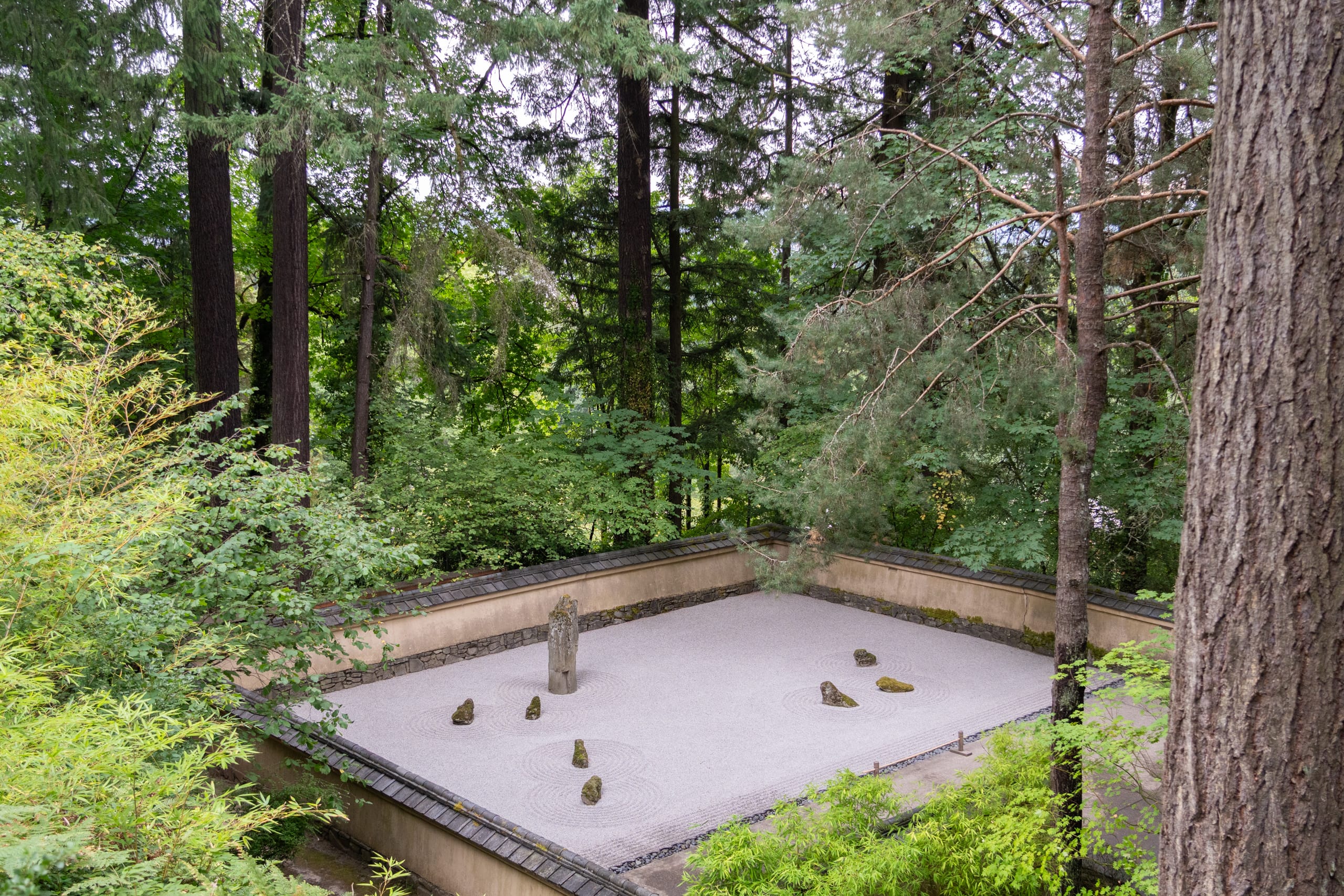 A bird's eye view of a raked gravel garden