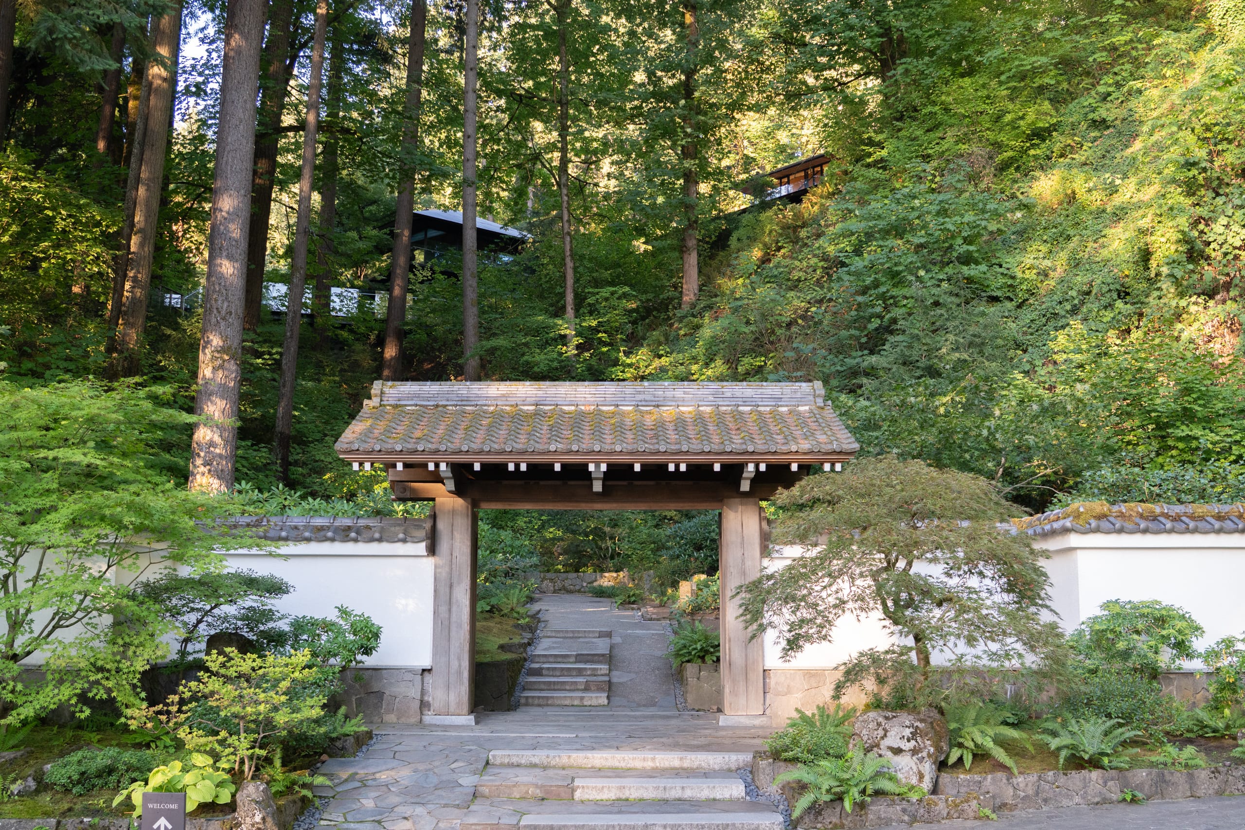 wooden gate with clay roof tiles ahead of a forested hill