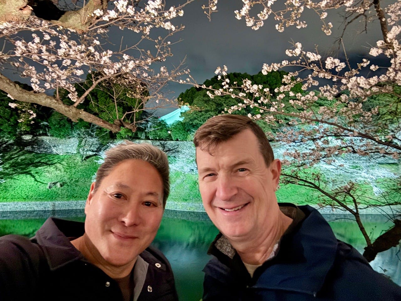 a couple smiling underneath illuminated cherry trees