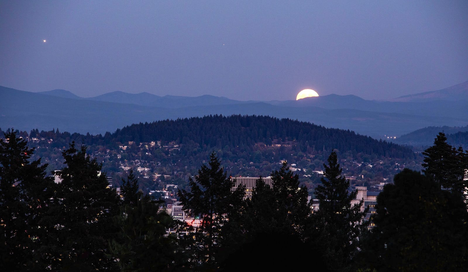 Bright moon rises over the hills behind a lit-city and forest foreground