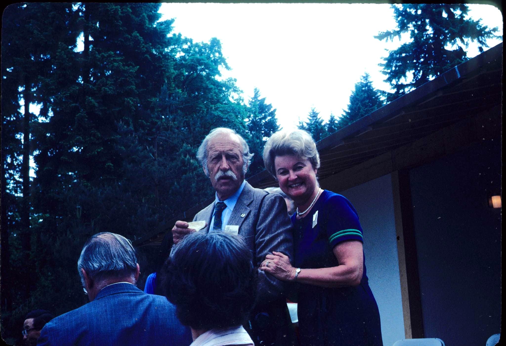 Robbie Robinson and Maggie Drake posing for a picture at Portland Japanese Garden in the 1980s.