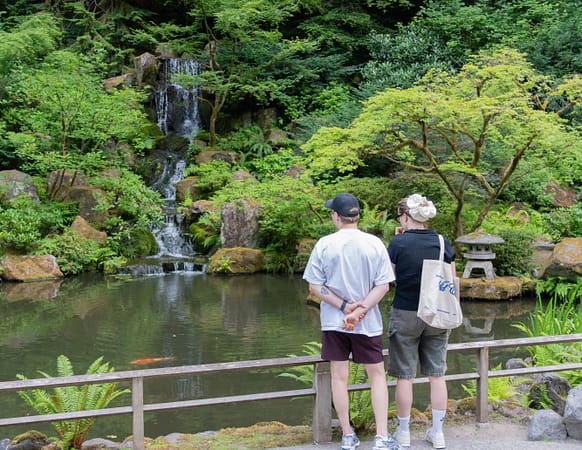 two people gazing at a waterfall