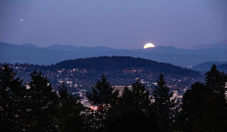 Bright moon rises over the hills behind a lit-city and forest foreground