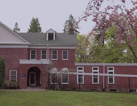 Brick building with green grass and cherry blossom tree in bloom
