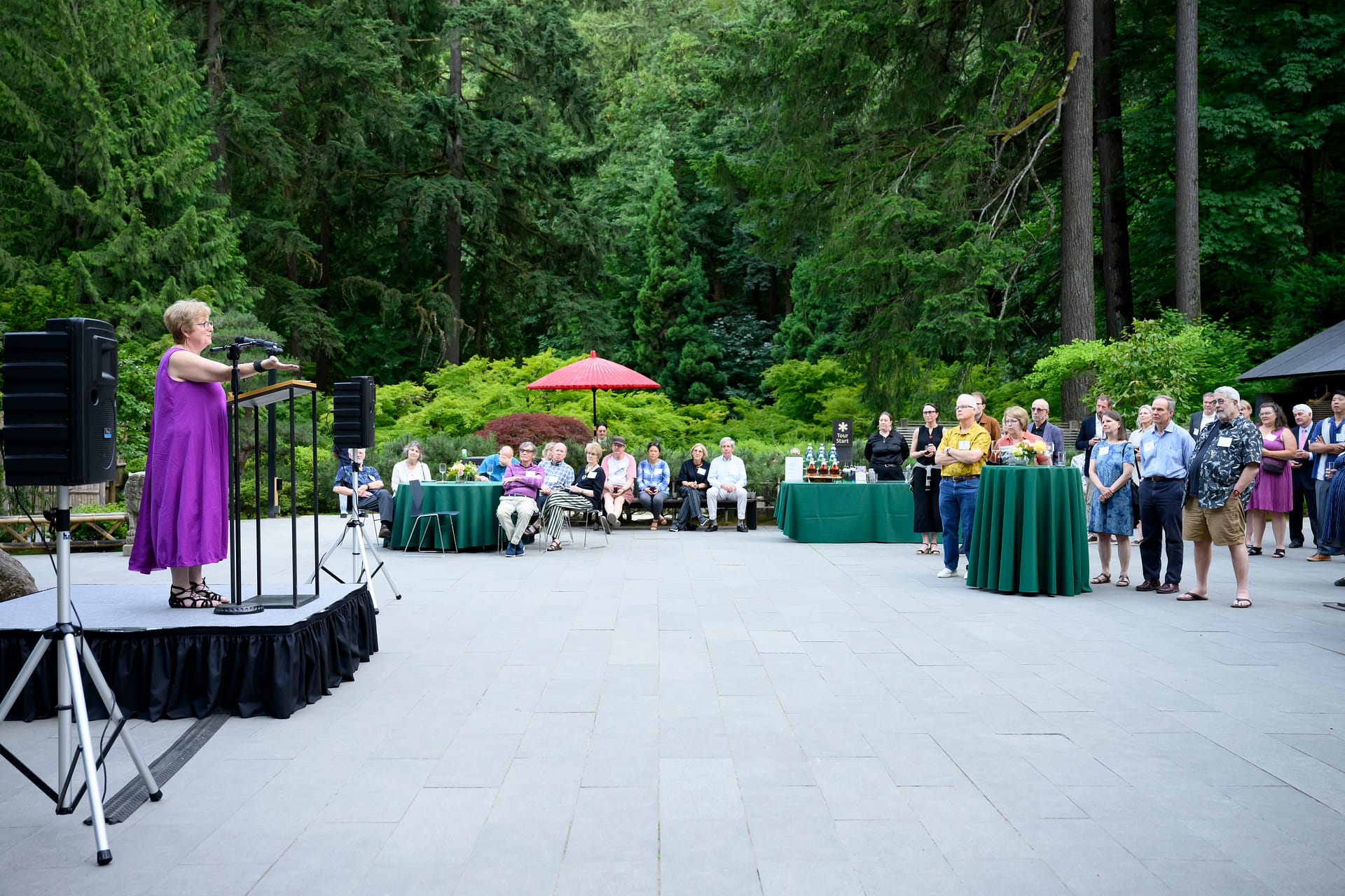 Caryl Stern stands on a stage at a podium, addressing an audience.