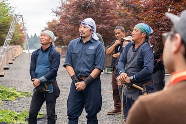 Three gardeners looking up at a tree out of frame.