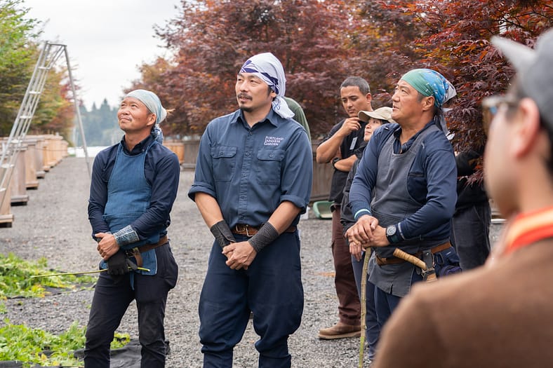 Three gardeners looking up at a tree out of frame.