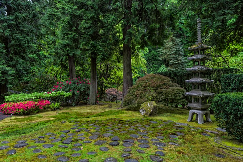 A stone lantern stylized as a pagoda tower.