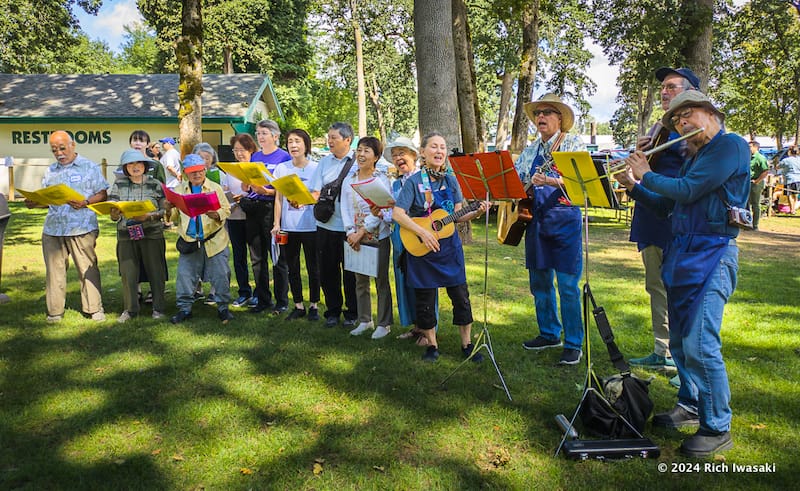 Group of musicians and singers performing in a park.