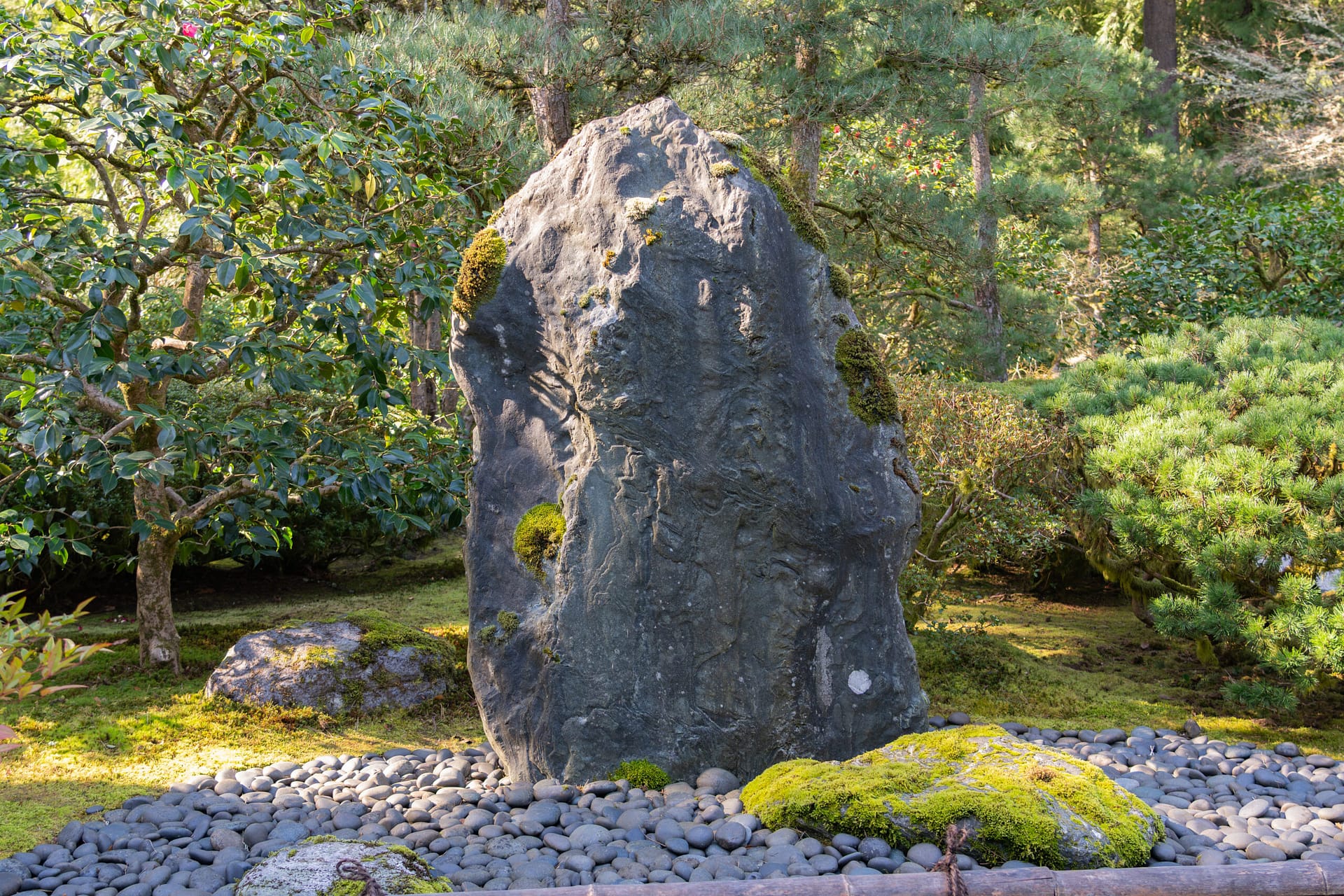 A large stone from Japan at Portland Japanese Garden, titled the Iyo Stone.